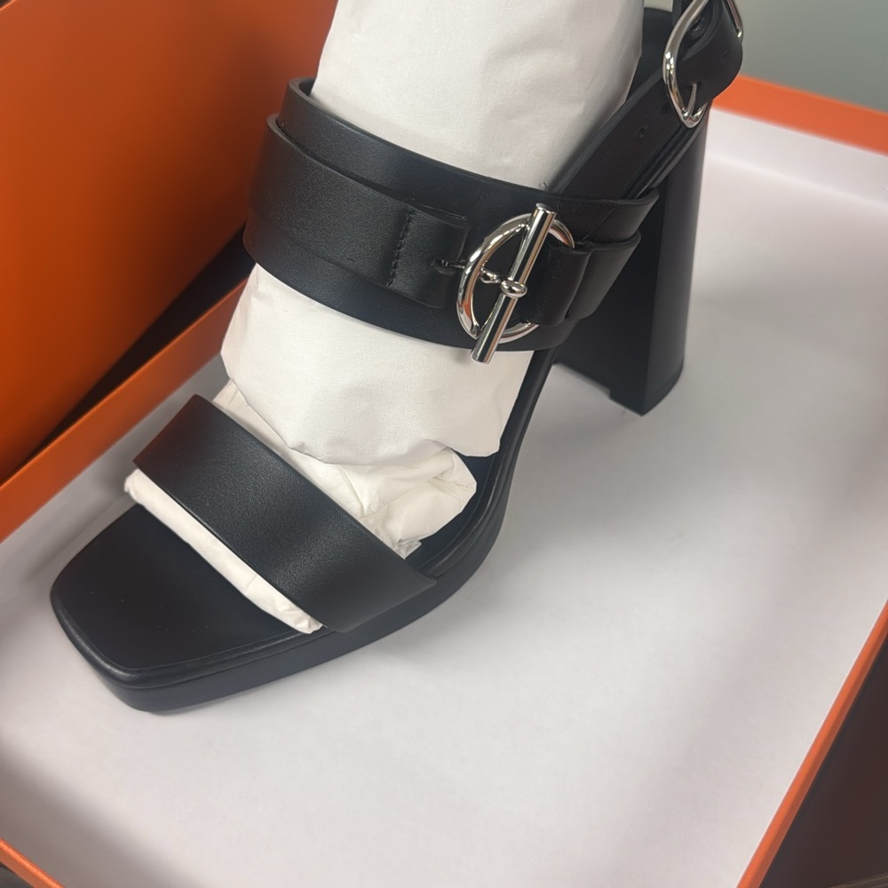 Hermes Black Leather Heels with Silver Buckle